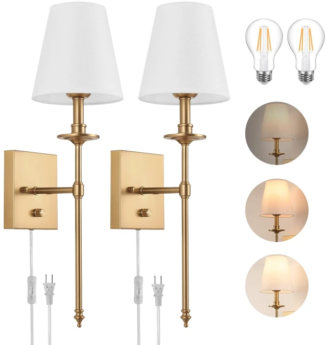 Main image of Dimmable Wall Sconces Set of Two, Plug in Wall Sconces White Fabric Shade, Wall Lamp for Bedroom, Living room, Plug in Wall Light Sconces Wall Decor Set of 2, LED Bulbs Included, Antique Brass