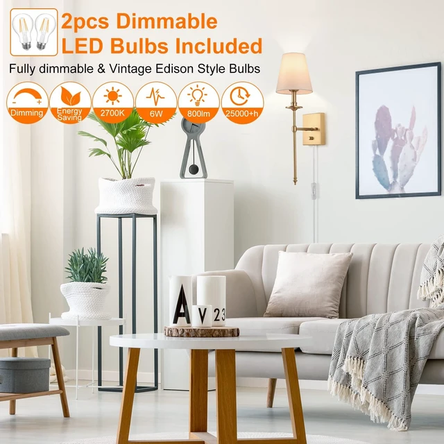 Alt view image 4 of 7 - Dimmable Wall Sconces Set of Two, Plug in Wall Sconces White Fabric Shade, Wall Lamp for Bedroom, Living room, Plug in Wall Light Sconces Wall Decor Set of 2, LED Bulbs Included, Antique Brass