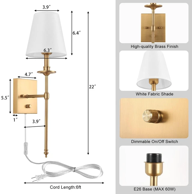 Alt view image 6 of 7 - Dimmable Wall Sconces Set of Two, Plug in Wall Sconces White Fabric Shade, Wall Lamp for Bedroom, Living room, Plug in Wall Light Sconces Wall Decor Set of 2, LED Bulbs Included, Antique Brass
