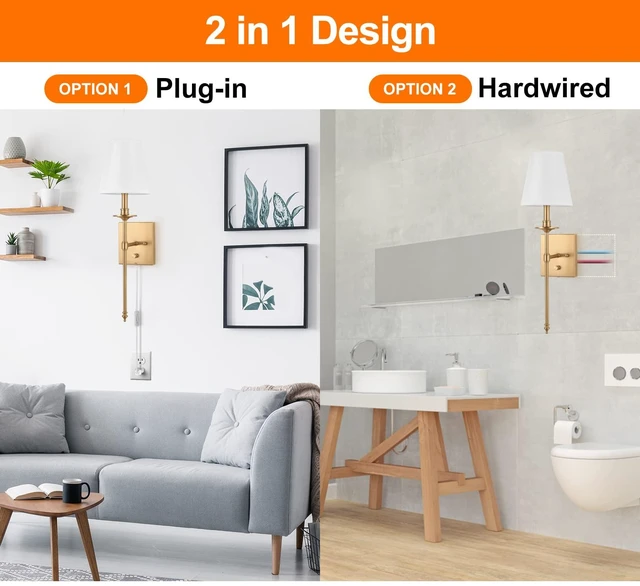 Alt view image 5 of 7 - Dimmable Wall Sconces Set of Two, Plug in Wall Sconces White Fabric Shade, Wall Lamp for Bedroom, Living room, Plug in Wall Light Sconces Wall Decor Set of 2, LED Bulbs Included, Antique Brass