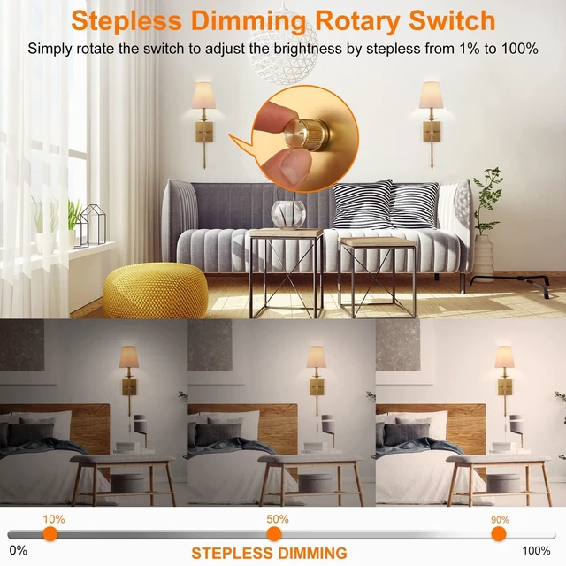 Alt view image 3 of 7 - Dimmable Wall Sconces Set of Two, Plug in Wall Sconces White Fabric Shade, Wall Lamp for Bedroom, Living room, Plug in Wall Light Sconces Wall Decor Set of 2, LED Bulbs Included, Antique Brass