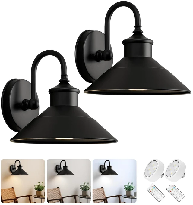 Main image of JOESA Battery Operated Wall Sconces Set of 2, Black Vintage Wireless Lights | Cordless industrial design complements bedrooms, farmhouse walls, galleries, hallways, and living rooms