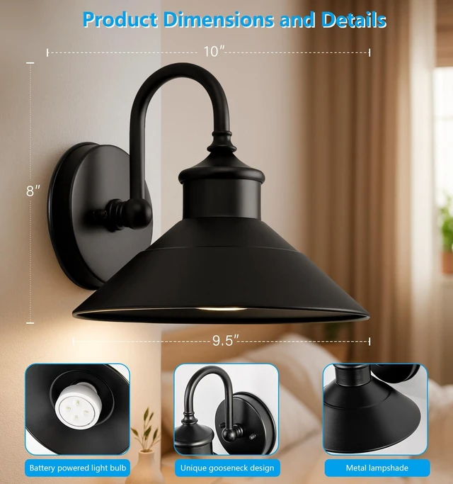 Alt view image 2 of 7 - JOESA Battery Operated Wall Sconces Set of 2, Black Vintage Wireless Lights | Cordless industrial design complements bedrooms, farmhouse walls, galleries, hallways, and living rooms
