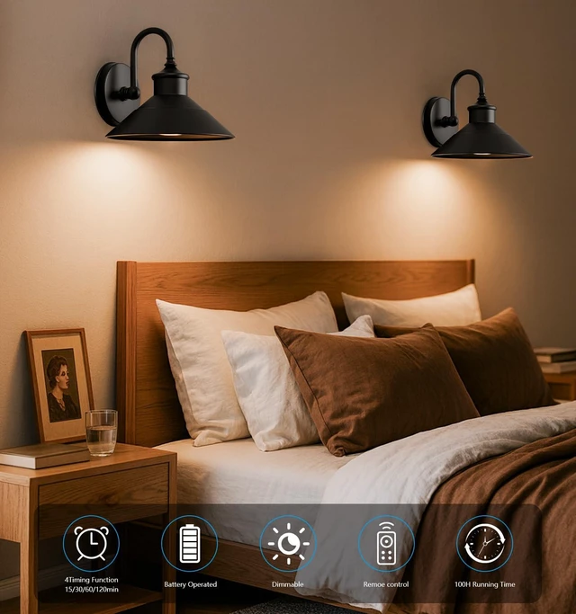 Alt view image 6 of 7 - JOESA Battery Operated Wall Sconces Set of 2, Black Vintage Wireless Lights | Cordless industrial design complements bedrooms, farmhouse walls, galleries, hallways, and living rooms