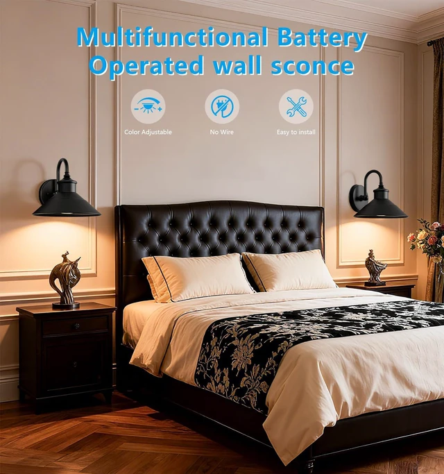 Alt view image 7 of 7 - JOESA Battery Operated Wall Sconces Set of 2, Black Vintage Wireless Lights | Cordless industrial design complements bedrooms, farmhouse walls, galleries, hallways, and living rooms