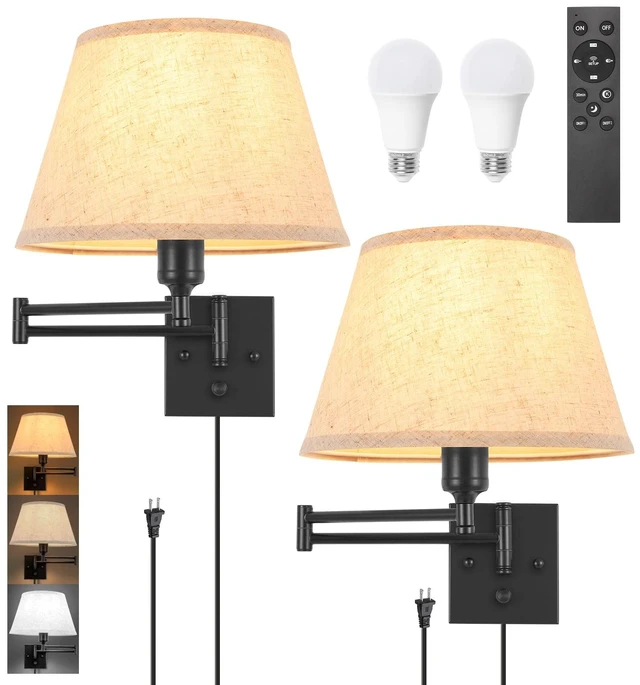 Main image of TRLIFE Wall Sconce Plug in, Remote Control Dimming 10-100% and Adjustable Color Temperature 2700K-6500K Swing Arm Wall Lights with Plug in Cord, 11.8" Large Beige Fabric Shade(2 Pack, 2 Bulbs)