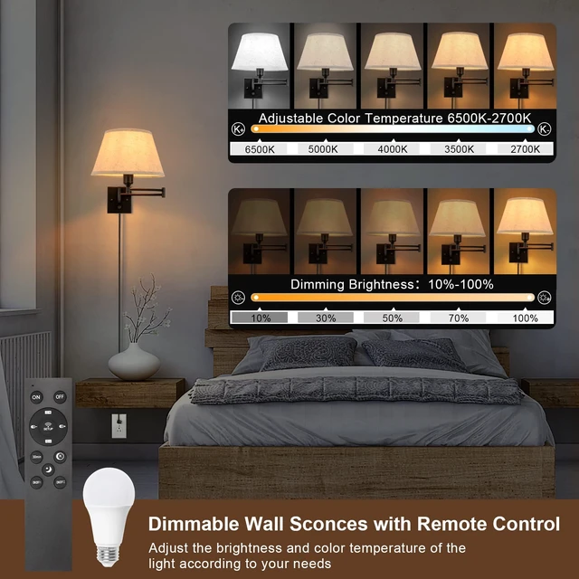 Alt view image 2 of 6 - TRLIFE Wall Sconce Plug in, Remote Control Dimming 10-100% and Adjustable Color Temperature 2700K-6500K Swing Arm Wall Lights with Plug in Cord, 11.8" Large Beige Fabric Shade(2 Pack, 2 Bulbs)