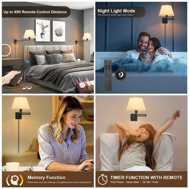 Alt view image 3 of 6 - TRLIFE Wall Sconce Plug in, Remote Control Dimming 10-100% and Adjustable Color Temperature 2700K-6500K Swing Arm Wall Lights with Plug in Cord, 11.8" Large Beige Fabric Shade(2 Pack, 2 Bulbs)