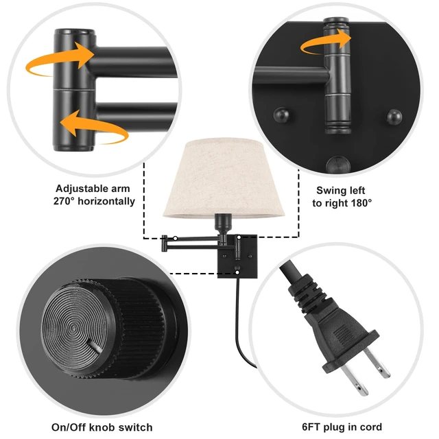 Alt view image 4 of 6 - TRLIFE Wall Sconce Plug in, Remote Control Dimming 10-100% and Adjustable Color Temperature 2700K-6500K Swing Arm Wall Lights with Plug in Cord, 11.8" Large Beige Fabric Shade(2 Pack, 2 Bulbs)