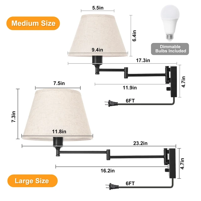 Alt view image 5 of 6 - TRLIFE Wall Sconce Plug in, Remote Control Dimming 10-100% and Adjustable Color Temperature 2700K-6500K Swing Arm Wall Lights with Plug in Cord, 11.8" Large Beige Fabric Shade(2 Pack, 2 Bulbs)