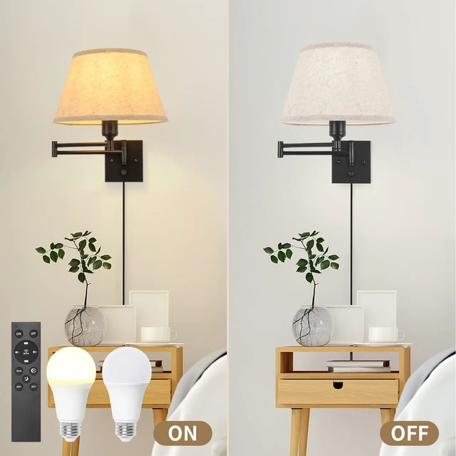 Alt view image 6 of 6 - TRLIFE Wall Sconce Plug in, Remote Control Dimming 10-100% and Adjustable Color Temperature 2700K-6500K Swing Arm Wall Lights with Plug in Cord, 11.8" Large Beige Fabric Shade(2 Pack, 2 Bulbs)