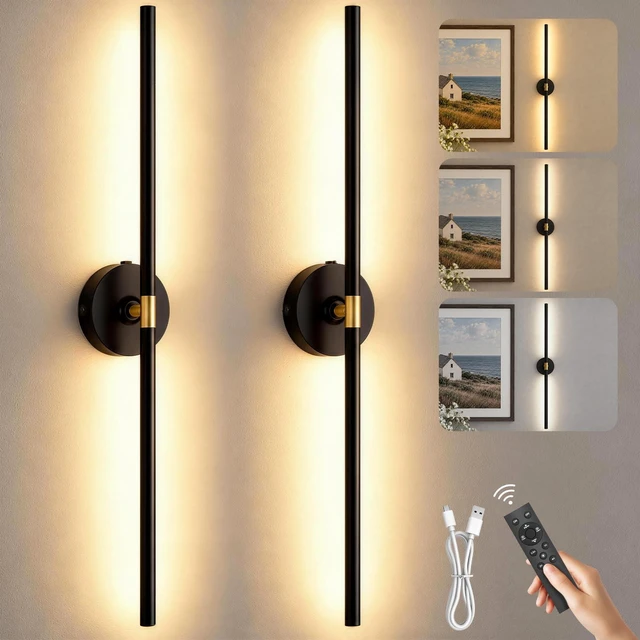 Main image of Wall Sconces Battery Operated Set of 2, 10000mAh Rechargeable Wall Lights | Wireless, Remote Control, 3000K-6000K, 360° Rotation, Modern Home Decor for Living Room, Bedroom, Picture Lighting, Black