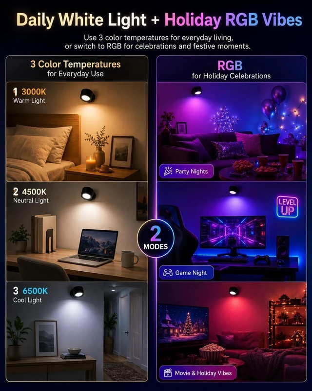 Alt view image 4 of 7 - AMETHEUS RGB Wall Sconces, Rechargeable Magnetic Lights with Remote, 3 Pack | 80 RGB Colors, 3 Color Temperatures & 360° Rotation to Set the Mood for Gaming, Movie Nights & Parties