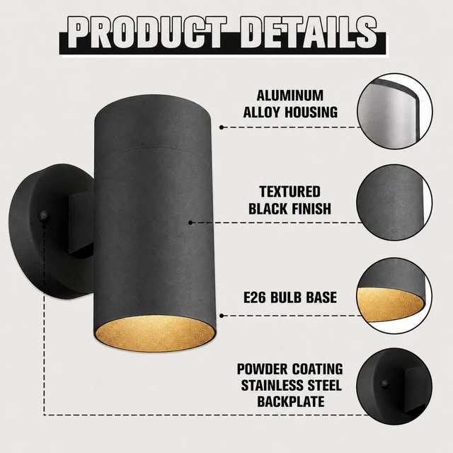 Alt view image 5 of 7 - Ken & Ricky Modern Outdoor Wall Sconce Lights,Cylinder,Black,2 Pack | No Glare Aluminum Exterior Lighting Fixtures,Downward Outside Wall Light,E26,For House Front Porch Garage Patio Entryway
