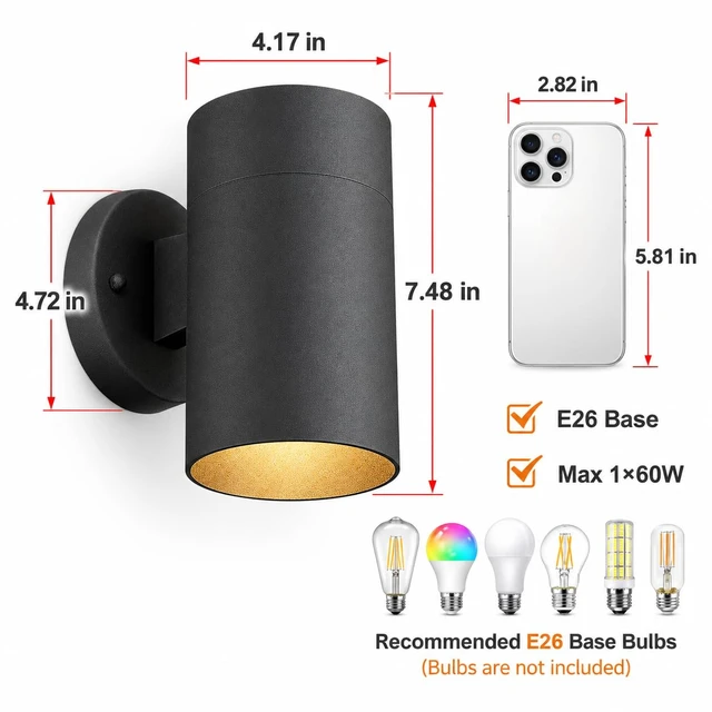 Alt view image 4 of 7 - Ken & Ricky Modern Outdoor Wall Sconce Lights,Cylinder,Black,2 Pack | No Glare Aluminum Exterior Lighting Fixtures,Downward Outside Wall Light,E26,For House Front Porch Garage Patio Entryway