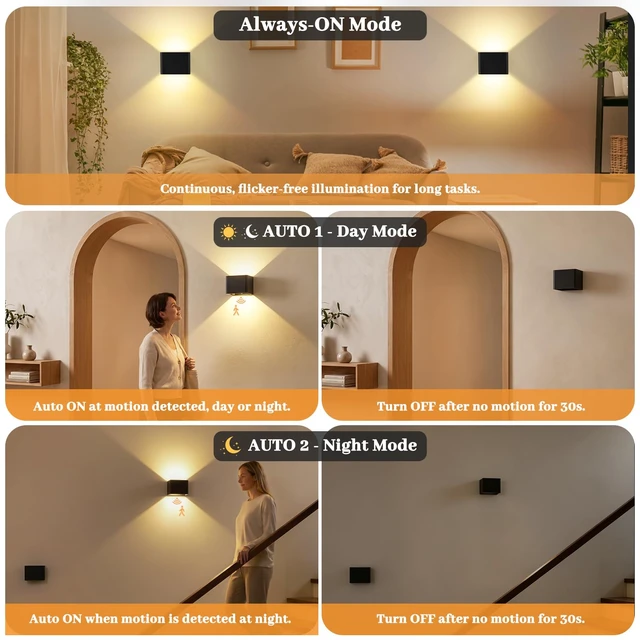 Alt view image 2 of 7 - Rechargeable Motion Sensor Wall Lights, Black Battery Operated Wall Sconces | Touch&Remote Control, 3Colors & Dimmable, Magnetic, Large 6000mAh, 2 Pack Wireless Wall Lamp for Bedroom Living Room