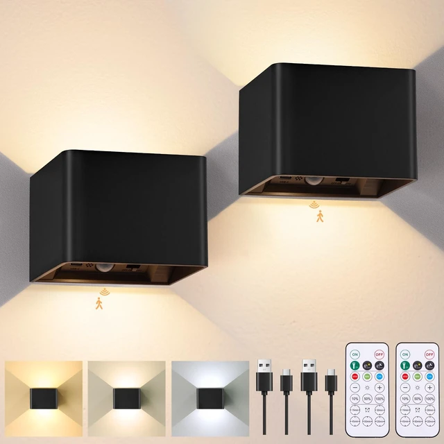 Main image of Rechargeable Motion Sensor Wall Lights, Black Battery Operated Wall Sconces | Touch&Remote Control, 3Colors & Dimmable, Magnetic, Large 6000mAh, 2 Pack Wireless Wall Lamp for Bedroom Living Room