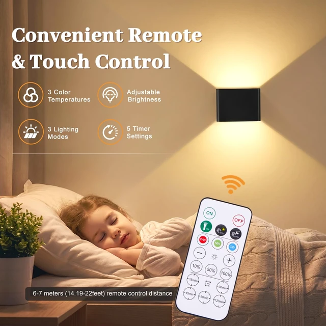 Alt view image 4 of 7 - Rechargeable Motion Sensor Wall Lights, Black Battery Operated Wall Sconces | Touch&Remote Control, 3Colors & Dimmable, Magnetic, Large 6000mAh, 2 Pack Wireless Wall Lamp for Bedroom Living Room