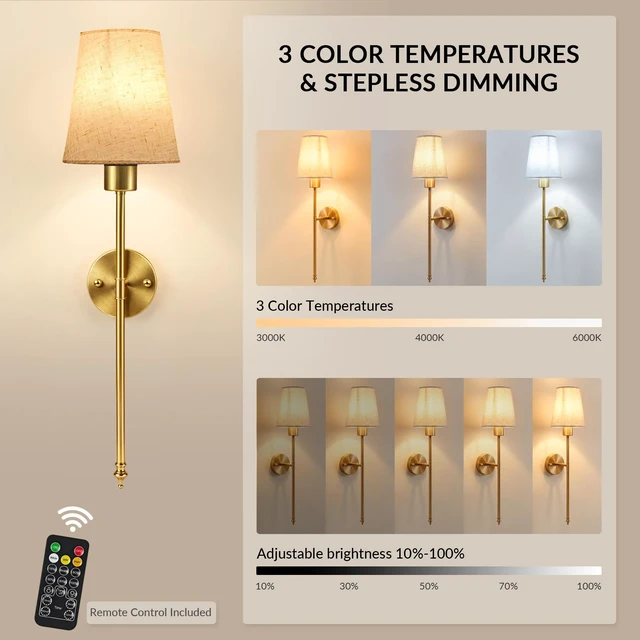 Alt view image 3 of 7 - Konvixon Battery Operated Wall Sconces Set of Two, 3CCT with Remote, Gold | Wireless Rechargeable Wall Lights with 5200mAh Dimmable Magnetic LED Bulbs, Wall Lamp for Living RoomBedroomHallway Decor