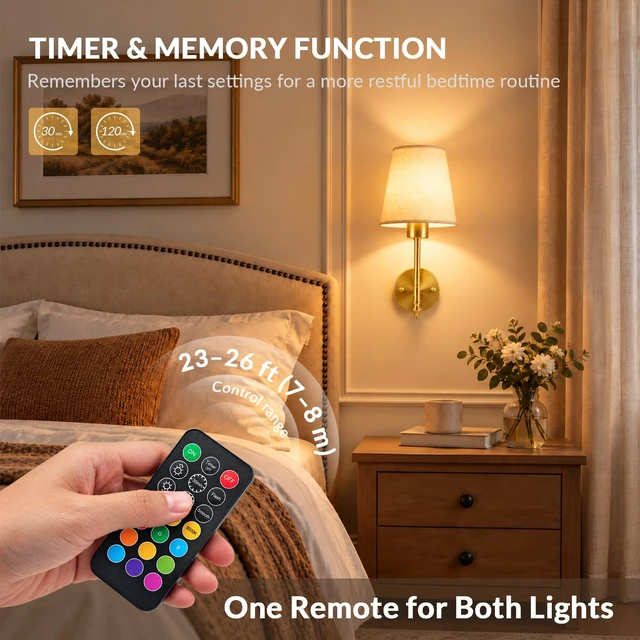 Alt view image 5 of 7 - Konvixon Battery Operated Wall Sconces Set of Two, 3CCT with Remote, Gold | Wireless Rechargeable Wall Lights with 5200mAh Dimmable Magnetic LED Bulbs, Wall Lamp for Living RoomBedroomHallway Decor