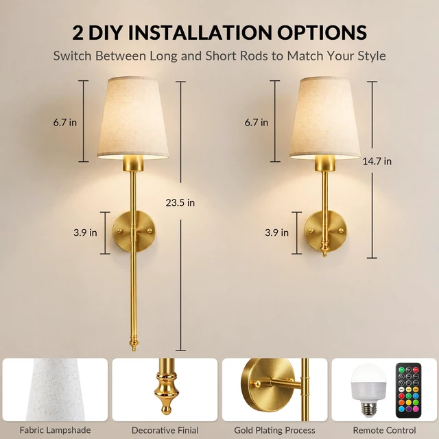 Alt view image 4 of 7 - Konvixon Battery Operated Wall Sconces Set of Two, 3CCT with Remote, Gold | Wireless Rechargeable Wall Lights with 5200mAh Dimmable Magnetic LED Bulbs, Wall Lamp for Living RoomBedroomHallway Decor