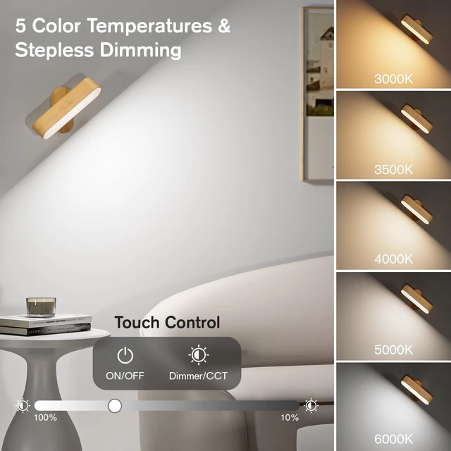 Alt view image 3 of 7 - Hensam Battery Operated Wall Sconces Set of 2, Rechargeable & Cordless | 5 Color Temps & Dimmable Touch Control, 360°Rotating Magnetic, Peel and Stick Lighting for Bedroom Bedside Reading