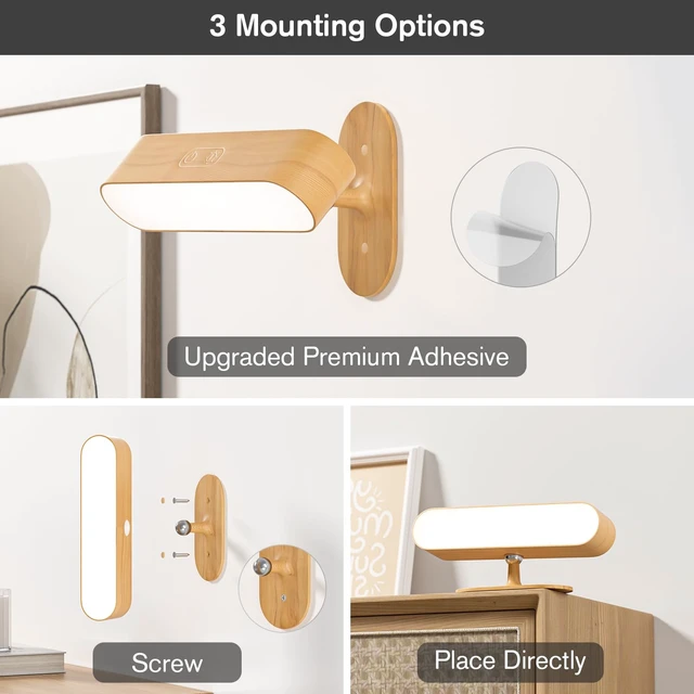 Alt view image 4 of 7 - Hensam Battery Operated Wall Sconces Set of 2, Rechargeable & Cordless | 5 Color Temps & Dimmable Touch Control, 360°Rotating Magnetic, Peel and Stick Lighting for Bedroom Bedside Reading