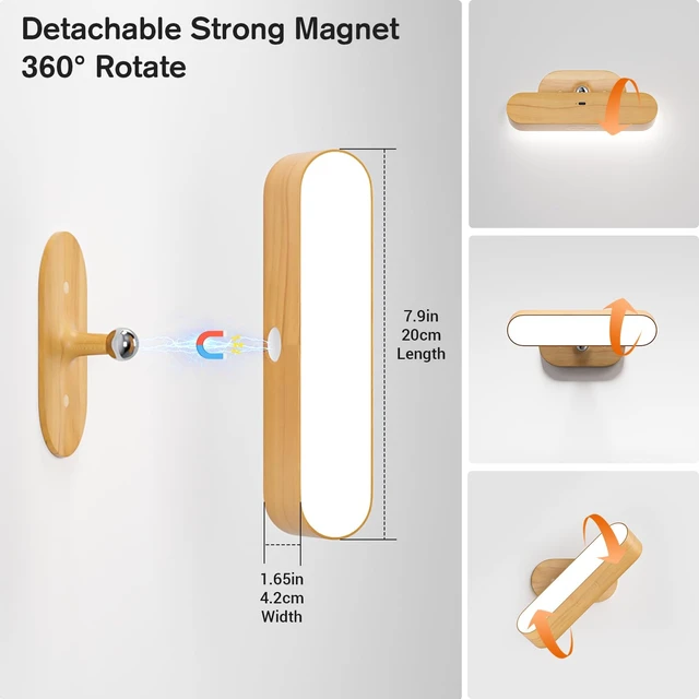 Alt view image 5 of 7 - Hensam Battery Operated Wall Sconces Set of 2, Rechargeable & Cordless | 5 Color Temps & Dimmable Touch Control, 360°Rotating Magnetic, Peel and Stick Lighting for Bedroom Bedside Reading