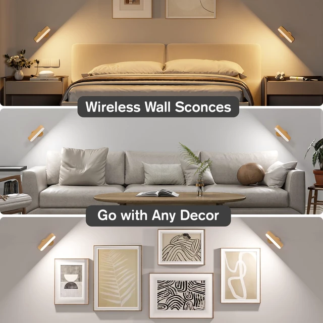 Alt view image 6 of 7 - Hensam Battery Operated Wall Sconces Set of 2, Rechargeable & Cordless | 5 Color Temps & Dimmable Touch Control, 360°Rotating Magnetic, Peel and Stick Lighting for Bedroom Bedside Reading
