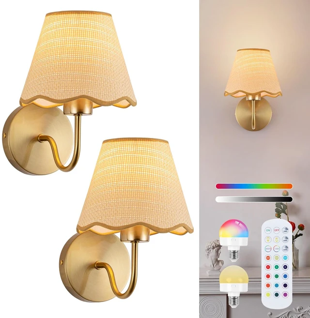Main image of ADISUN Battery Operated Wall Sconce Set of 2, Gold Wall Lamps Rechargeable Bulbs for Living Room, Rattan Shade Wireless Wall Lights for Bedroom Living Room Hallway Kitchen(2 Bulbs Included)