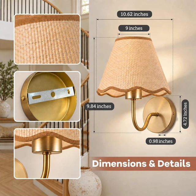 Alt view image 2 of 7 - ADISUN Battery Operated Wall Sconce Set of 2, Gold Wall Lamps Rechargeable Bulbs for Living Room, Rattan Shade Wireless Wall Lights for Bedroom Living Room Hallway Kitchen(2 Bulbs Included)