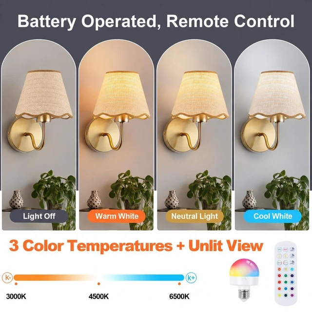 Alt view image 3 of 7 - ADISUN Battery Operated Wall Sconce Set of 2, Gold Wall Lamps Rechargeable Bulbs for Living Room, Rattan Shade Wireless Wall Lights for Bedroom Living Room Hallway Kitchen(2 Bulbs Included)