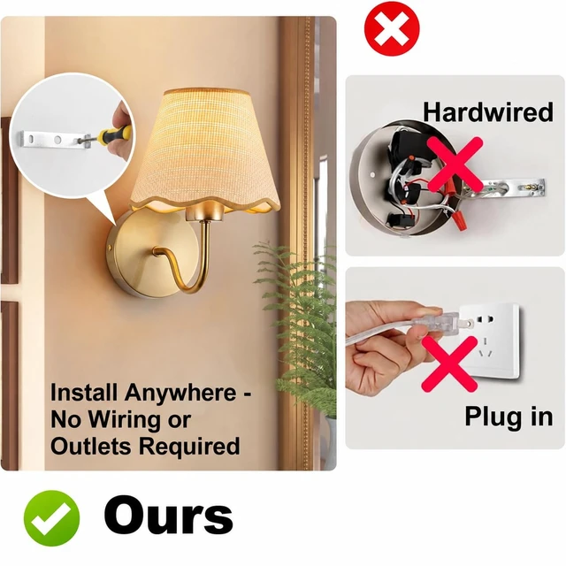 Alt view image 6 of 7 - ADISUN Battery Operated Wall Sconce Set of 2, Gold Wall Lamps Rechargeable Bulbs for Living Room, Rattan Shade Wireless Wall Lights for Bedroom Living Room Hallway Kitchen(2 Bulbs Included)