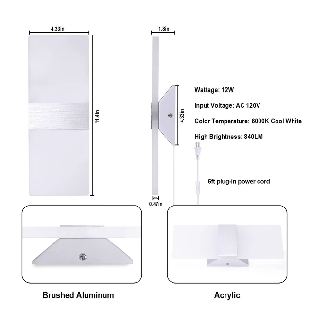 Alt view image 4 of 7 - TRLIFE Modern Wall Sconces Set of 2, Wall Sconce Plug in 12W LED 6000K Cool White Acrylic Wall Mounted Light Wall Lights with 6FT Plug in Cord for Bedroom Bedside Stairway(2 Pack, Silver)