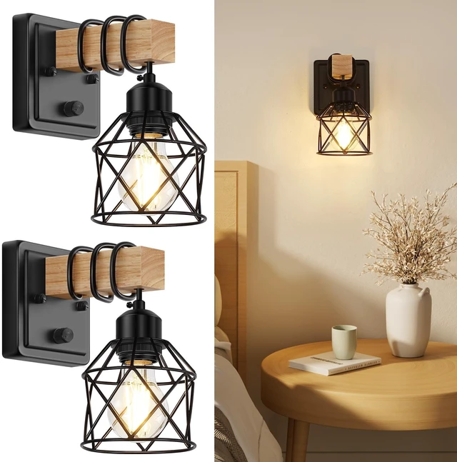 Main image of FadimiKoo Dimmable Wall Sconces Set of Two, Bedside Wall Mounted Lamp with Rotary Switch, Wooden Black Bathroom Light Fixtures with Metal Cage, Hardwired Farmhouse Wall Lights for Bedroom, Living Room