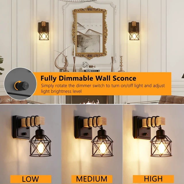 Alt view image 4 of 7 - FadimiKoo Dimmable Wall Sconces Set of Two, Bedside Wall Mounted Lamp with Rotary Switch, Wooden Black Bathroom Light Fixtures with Metal Cage, Hardwired Farmhouse Wall Lights for Bedroom, Living Room