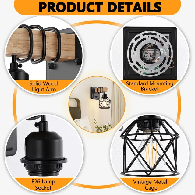 Alt view image 3 of 7 - FadimiKoo Dimmable Wall Sconces Set of Two, Bedside Wall Mounted Lamp with Rotary Switch, Wooden Black Bathroom Light Fixtures with Metal Cage, Hardwired Farmhouse Wall Lights for Bedroom, Living Room