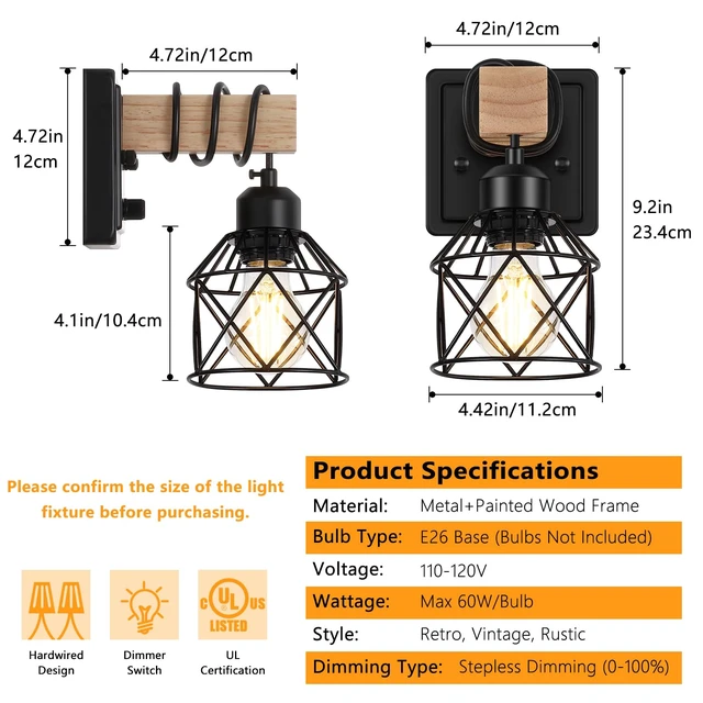 Alt view image 2 of 7 - FadimiKoo Dimmable Wall Sconces Set of Two, Bedside Wall Mounted Lamp with Rotary Switch, Wooden Black Bathroom Light Fixtures with Metal Cage, Hardwired Farmhouse Wall Lights for Bedroom, Living Room