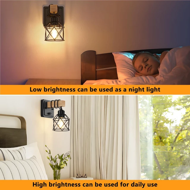 Alt view image 7 of 7 - FadimiKoo Dimmable Wall Sconces Set of Two, Bedside Wall Mounted Lamp with Rotary Switch, Wooden Black Bathroom Light Fixtures with Metal Cage, Hardwired Farmhouse Wall Lights for Bedroom, Living Room