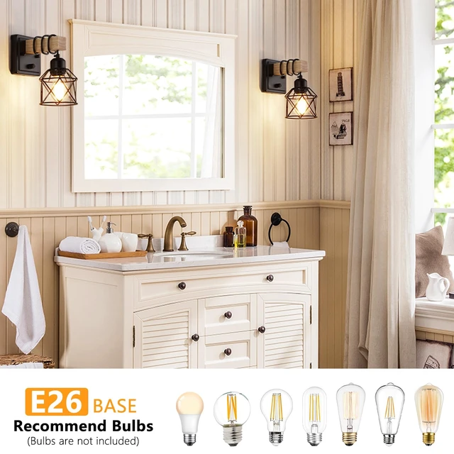 Alt view image 5 of 7 - FadimiKoo Dimmable Wall Sconces Set of Two, Bedside Wall Mounted Lamp with Rotary Switch, Wooden Black Bathroom Light Fixtures with Metal Cage, Hardwired Farmhouse Wall Lights for Bedroom, Living Room