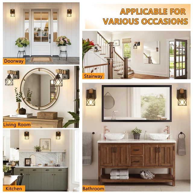 Alt view image 6 of 7 - FadimiKoo Dimmable Wall Sconces Set of Two, Bedside Wall Mounted Lamp with Rotary Switch, Wooden Black Bathroom Light Fixtures with Metal Cage, Hardwired Farmhouse Wall Lights for Bedroom, Living Room