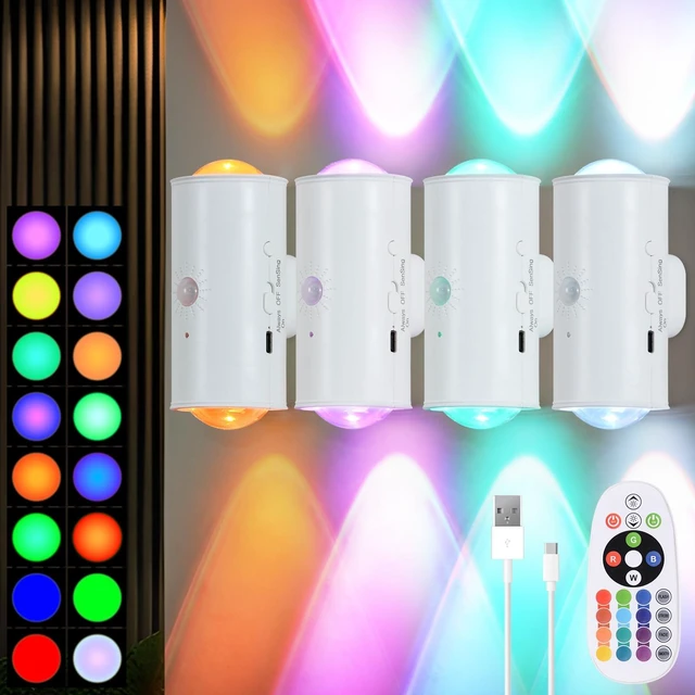Main image of LED Wireless Wall Sconce with Remote, 16 Colors Changing, Motion Sensor Light Indoor, Dimmable, 1500mAh Rechargeable Battery Operated Wall Sconces for Hallway, Stairway, Bathroom, Bedroom, 4-Pack
