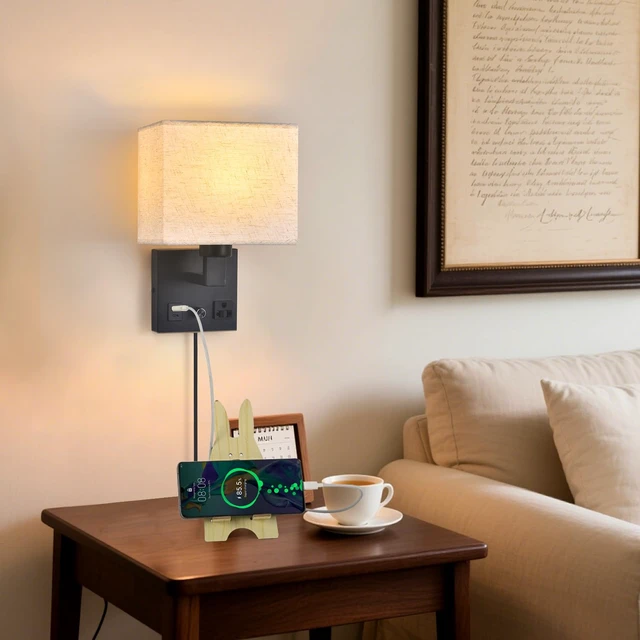 Alt view image 2 of 7 - CNMYKYDS Bedside Wall Lamp for Bedroom, Plug in Wall Sconce - Dimmable Switch with AC Outlet & USB Charging Port, Fabric Shade, Black Wall Mounted Light for Living Room, Hotel