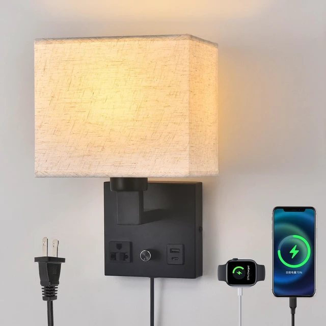 Main image of CNMYKYDS Bedside Wall Lamp for Bedroom, Plug in Wall Sconce - Dimmable Switch with AC Outlet & USB Charging Port, Fabric Shade, Black Wall Mounted Light for Living Room, Hotel
