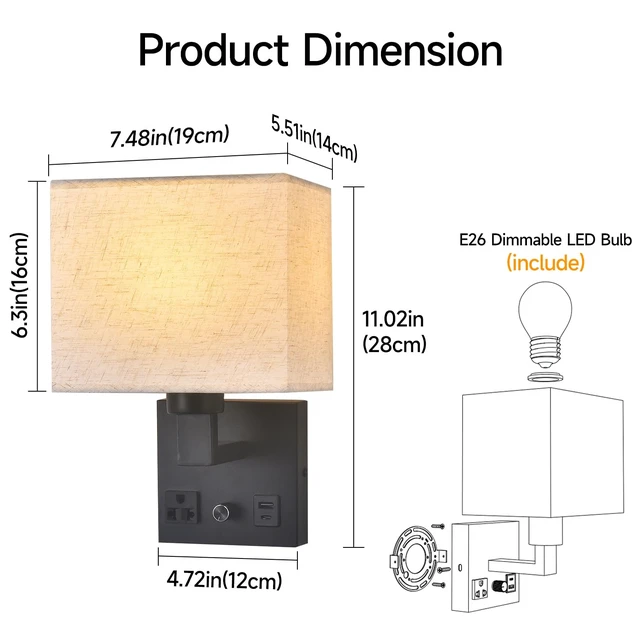 Alt view image 7 of 7 - CNMYKYDS Bedside Wall Lamp for Bedroom, Plug in Wall Sconce - Dimmable Switch with AC Outlet & USB Charging Port, Fabric Shade, Black Wall Mounted Light for Living Room, Hotel