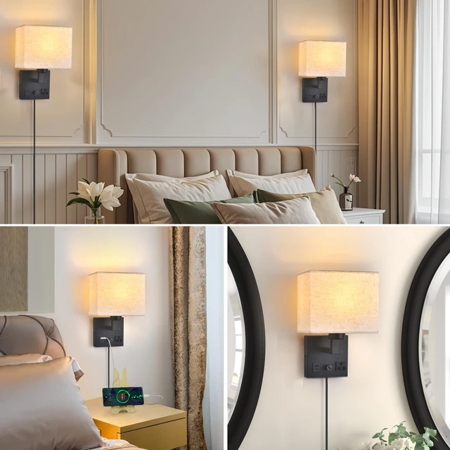 Alt view image 6 of 7 - CNMYKYDS Bedside Wall Lamp for Bedroom, Plug in Wall Sconce - Dimmable Switch with AC Outlet & USB Charging Port, Fabric Shade, Black Wall Mounted Light for Living Room, Hotel