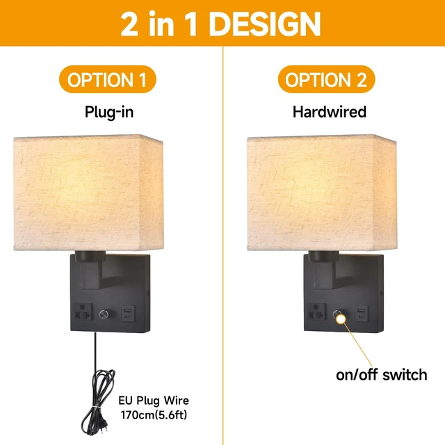 Alt view image 4 of 7 - CNMYKYDS Bedside Wall Lamp for Bedroom, Plug in Wall Sconce - Dimmable Switch with AC Outlet & USB Charging Port, Fabric Shade, Black Wall Mounted Light for Living Room, Hotel