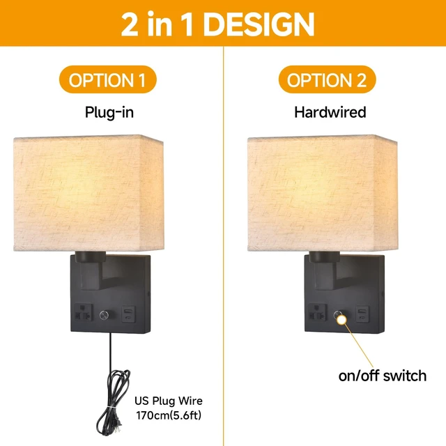 Alt view image 5 of 7 - CNMYKYDS Bedside Wall Lamp for Bedroom, Plug in Wall Sconce - Dimmable Switch with AC Outlet & USB Charging Port, Fabric Shade, Black Wall Mounted Light for Living Room, Hotel