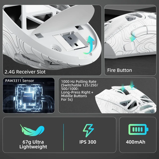 Alt view image 5 of 7 - Aula SC620 Wireless Gaming Mouse, Tri-Mode 2.4GHz/USB-C/BT5.3 Computer Mouse with 12000 DPI, Programmable Macro Gamer Mouse with Rapid Fire Key, RGB Light Gaming Mice for PC/Laptop/Mac (Line White)