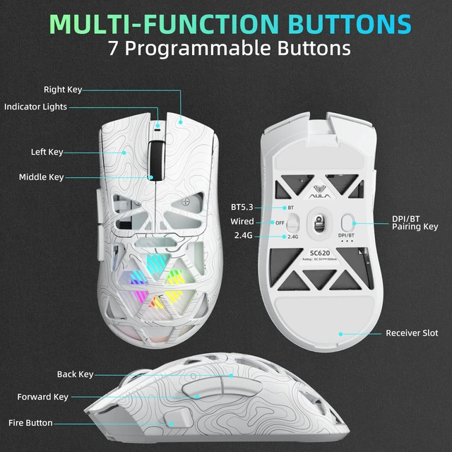 Alt view image 7 of 7 - Aula SC620 Wireless Gaming Mouse, Tri-Mode 2.4GHz/USB-C/BT5.3 Computer Mouse with 12000 DPI, Programmable Macro Gamer Mouse with Rapid Fire Key, RGB Light Gaming Mice for PC/Laptop/Mac (Line White)